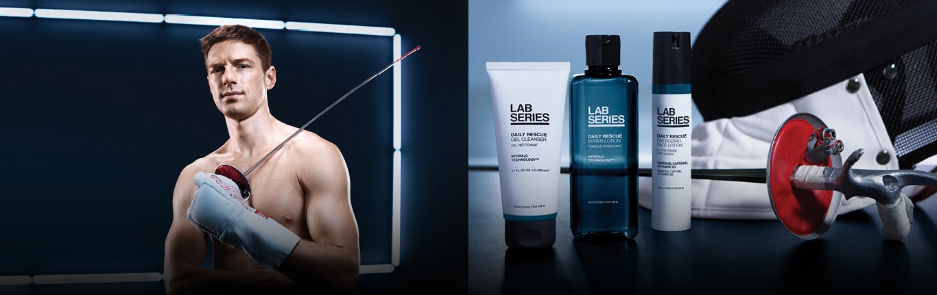 model shot showing Lab Series ambassador alongside a product shot of the Daily Rescue skincare range