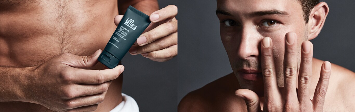 Image of a man using Lab Series Instant Fix skincare range
