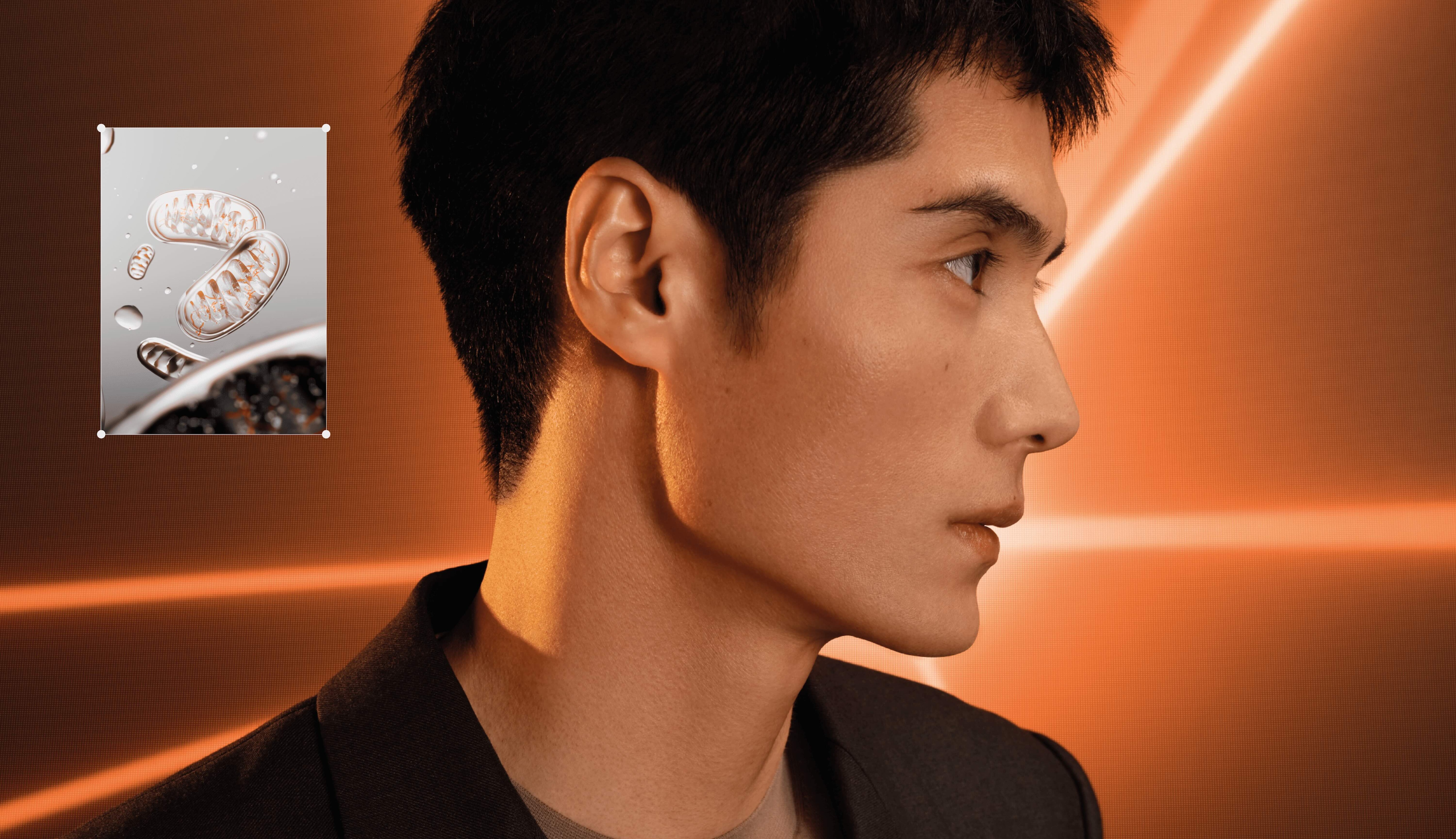 Profile figure beside floating skincare graphic.