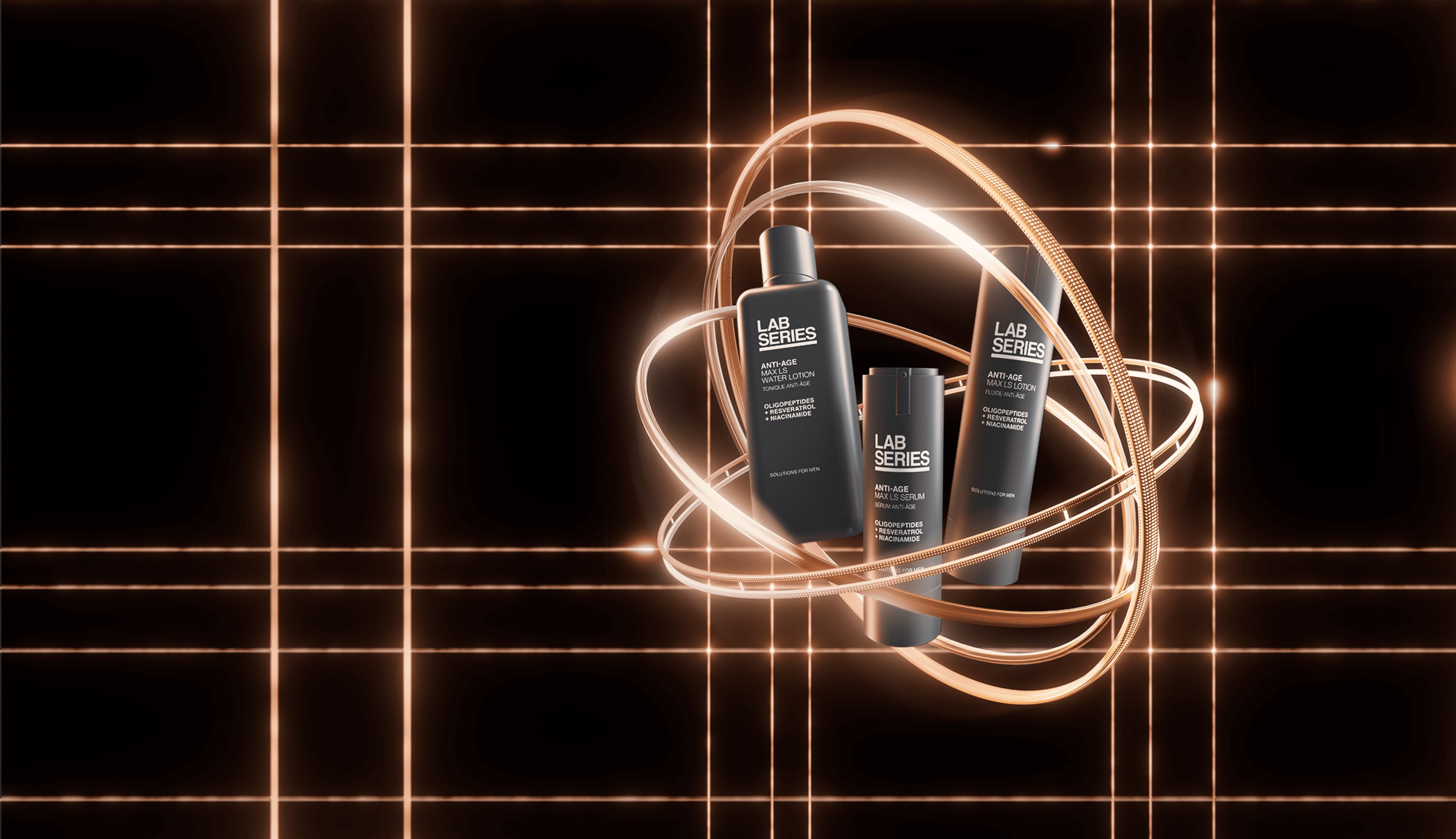 Anti‑age skincare bottles with glowing rings.