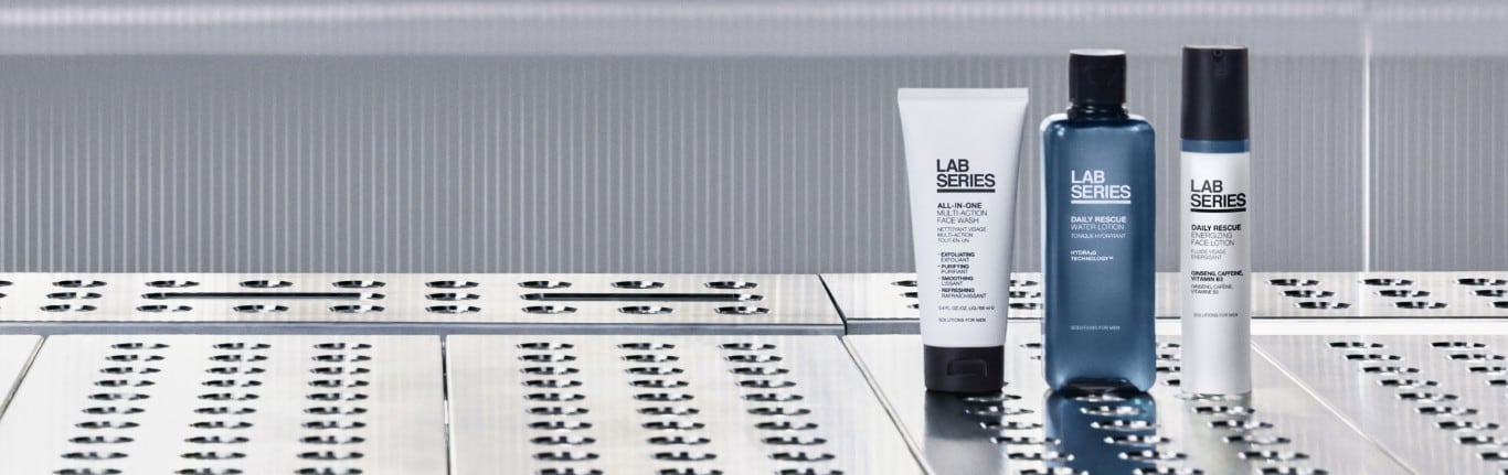 model shot showing Lab Series ambassador alongside a product shot of the Daily Rescue skincare range
